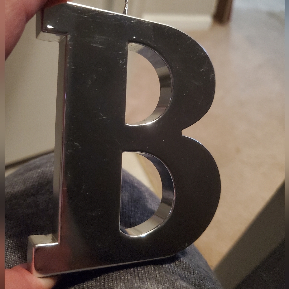 Silver Metal "B" Christmas Oranment | Hang, Pin or Stand | Suede bottom